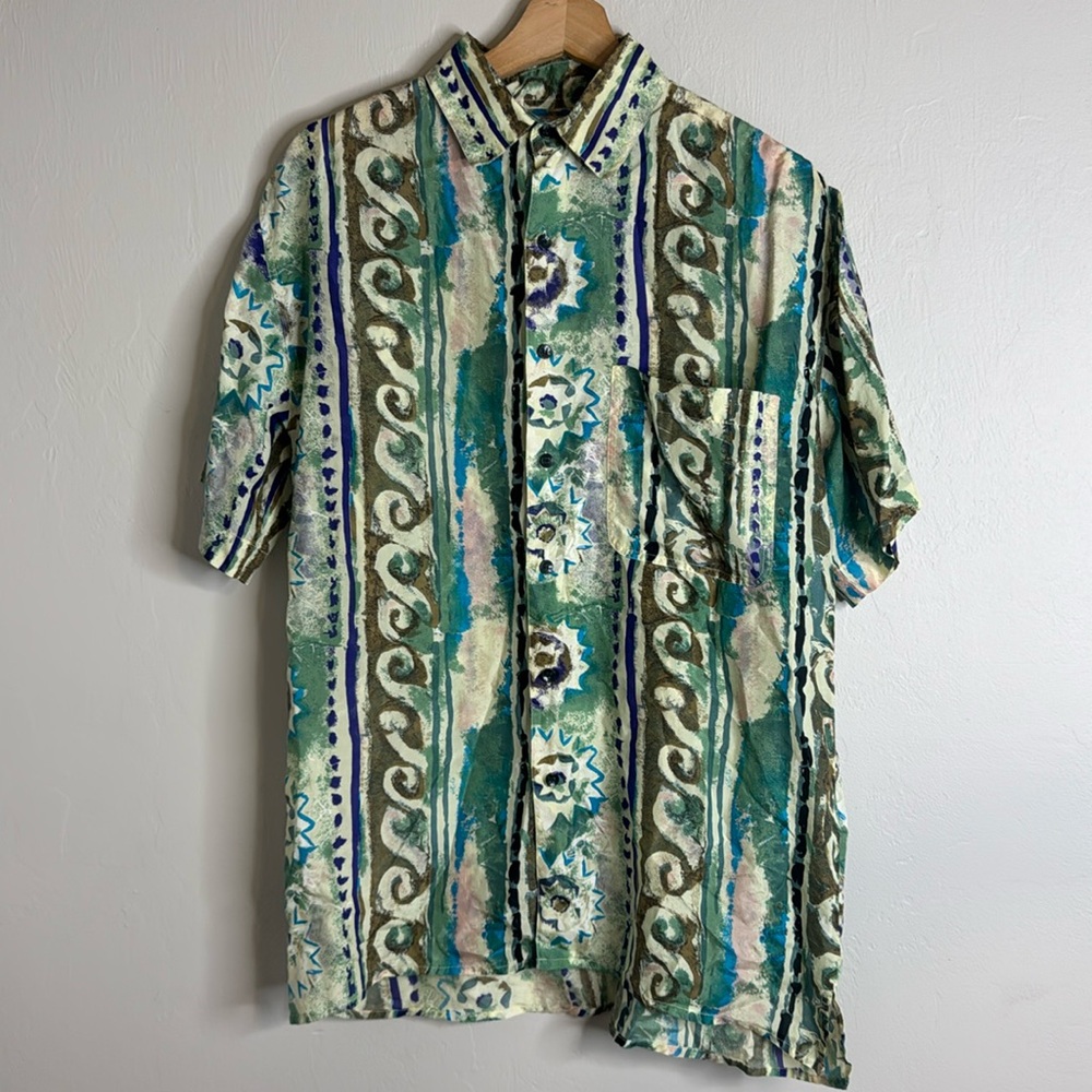 Vtg Robert Stock Shirt Mens Sz small Multicolor Earth tones 100% silk